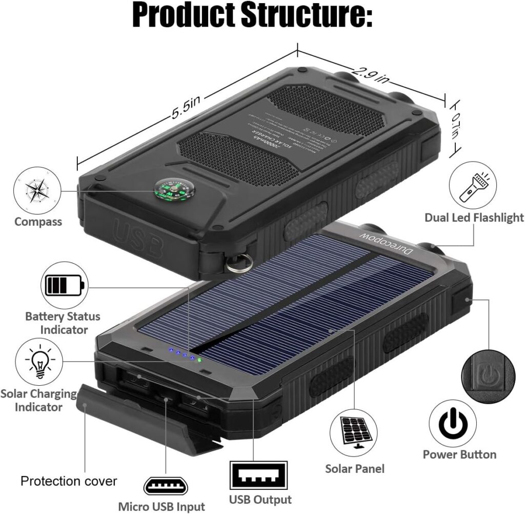 Durecopow Solar Charger, 20000mAh Portable Outdoor Waterproof Solar Power Bank, Camping External Backup Battery Pack Dual 5V USB Ports Output, 2 Led Light Flashlight with Compass (Black)