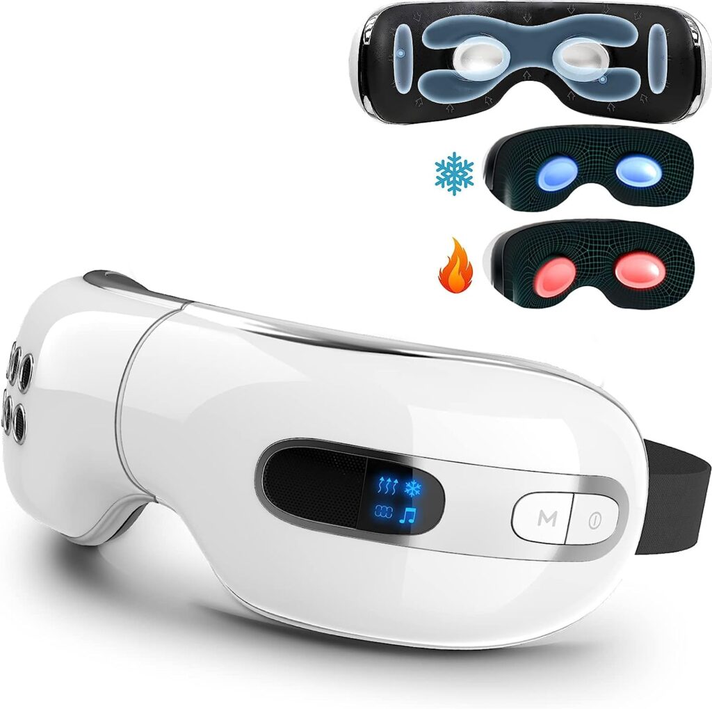 Fmlave Eye Massager with Heat and Cooling for Migraines Dry Eyes Dark Circles, Rechargeable Bluetooth Music Heated Eye Mask Massager Improve Sleeping Great Gifts for Woman and Man