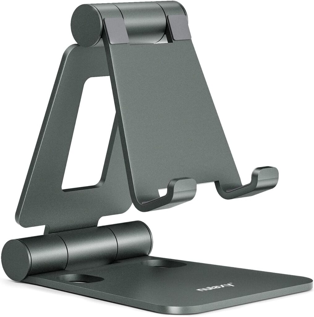 Nulaxy Cell Phone Stand for Desk, Fully Foldable Adjustable Desktop Phone Holder Cradle Dock Compatible with Phone 13 12 11 Pro Xs Xr X 8 iPad Mini Nintendo Switch Tablets (7-10) All Phones - Grey