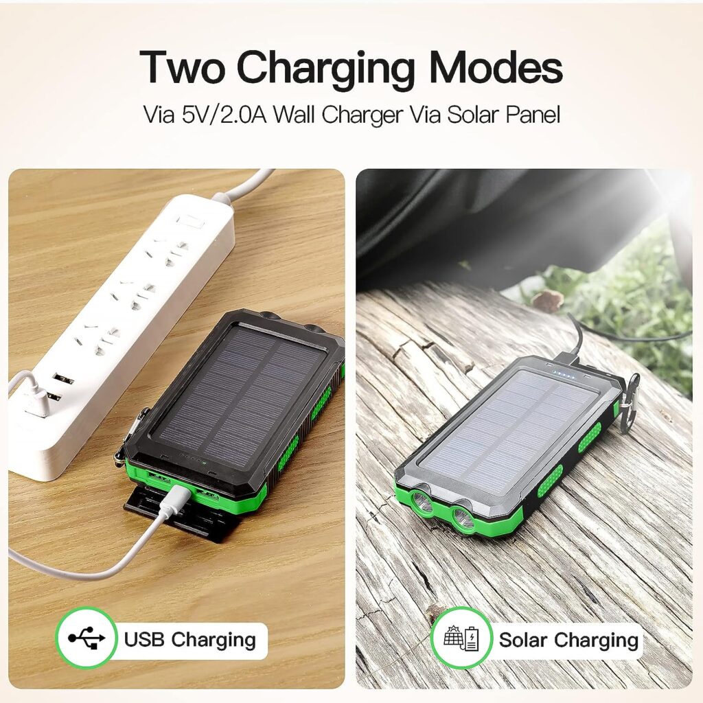 Solar Charger Power Bank, 20000mAh Solar Powered Charger, with DC5V/2.1A USB-A Output Ports Compatible with iPhone, Samsung, and More, Built-In Emergency LED Flashlights for Outdoor-Camping-Hiking