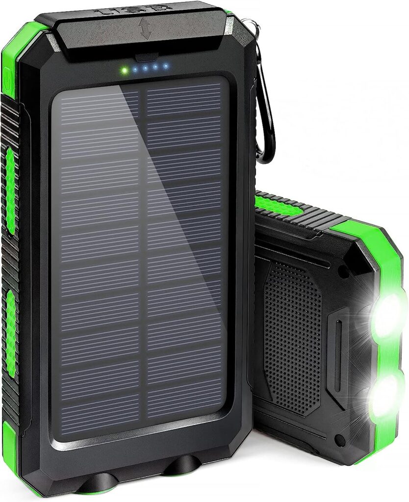 Solar Charger Power Bank, 20000mAh Solar Powered Charger, with DC5V/2.1A USB-A Output Ports Compatible with iPhone, Samsung, and More, Built-In Emergency LED Flashlights for Outdoor-Camping-Hiking
