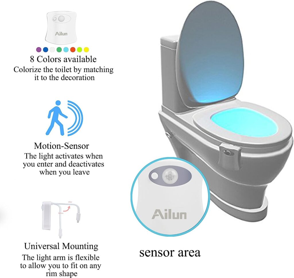 Toilet Night Light 2Pack by Ailun Motion Sensor Activated LED, 8 Colors Changing Toilet Bowl Illuminate Nightlight for Bathroom Battery Not Included Perfect with Water Faucet Light