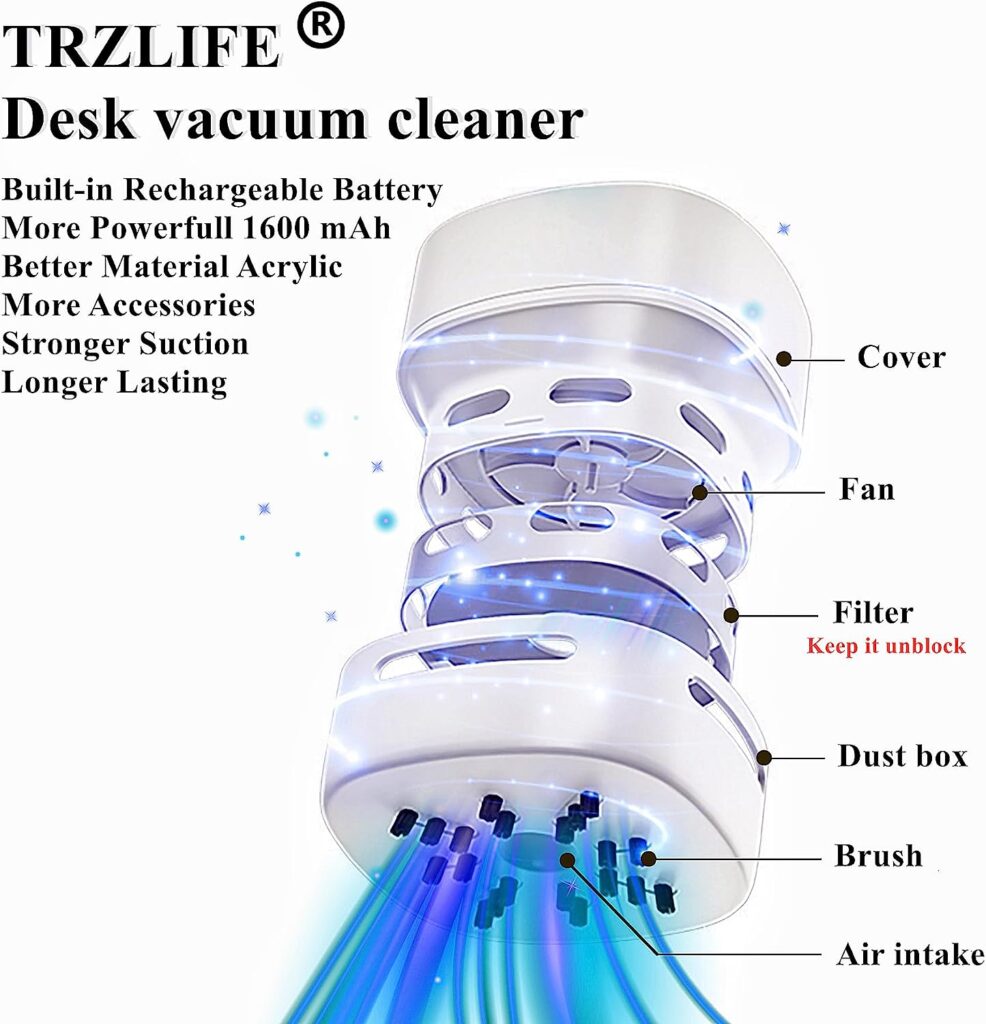TRZLIFE Desk Vacuum Cleaner, Upgraded Mini Table Vacuum Improved Details Higher Suction More Durable Rechargeable Energy Saving Mini Vac picks up Tiny Items Crumbs Flakes for Desktop Drawer Countertop