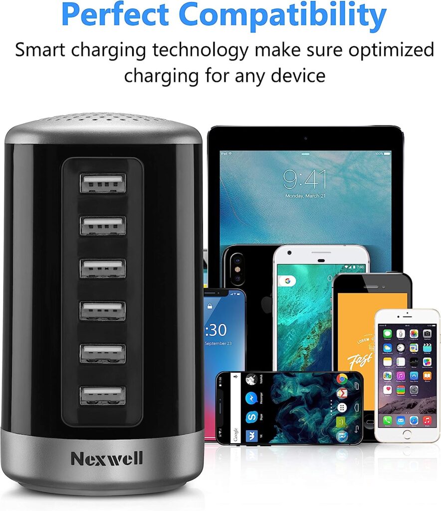 USB Wall Charger, Nexwell 30W 6-Port Desktop Charger USB Charging Station with Smart Identification Technology for iPhone, iPad, Android and Virtually All Other USB Enabled Devices, Black