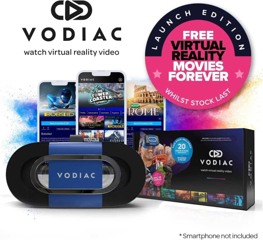 Vodiac VR - Virtual Reality Goggles, Carry Case, Free VR Videos  More via The Vodiac in-App Streaming Service. Powered by Your Smartphone iPhone Android Compatible