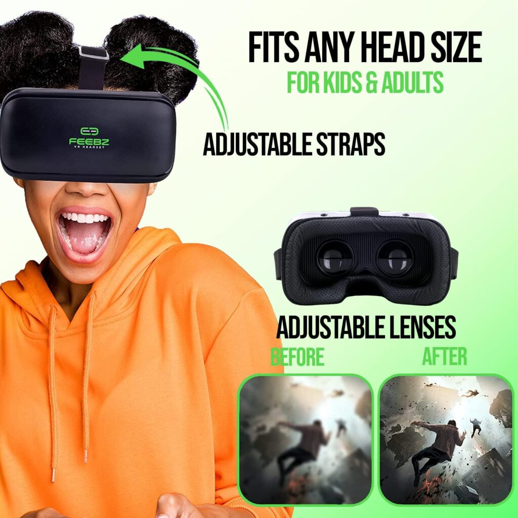 VR Headset Compatible with iPhone  Android 4.5-6.5 + Built-in Action Button for 3D VR Videos | Universal 3D Glasses Virtual Reality Goggles Set - for Kids  Adults - Green