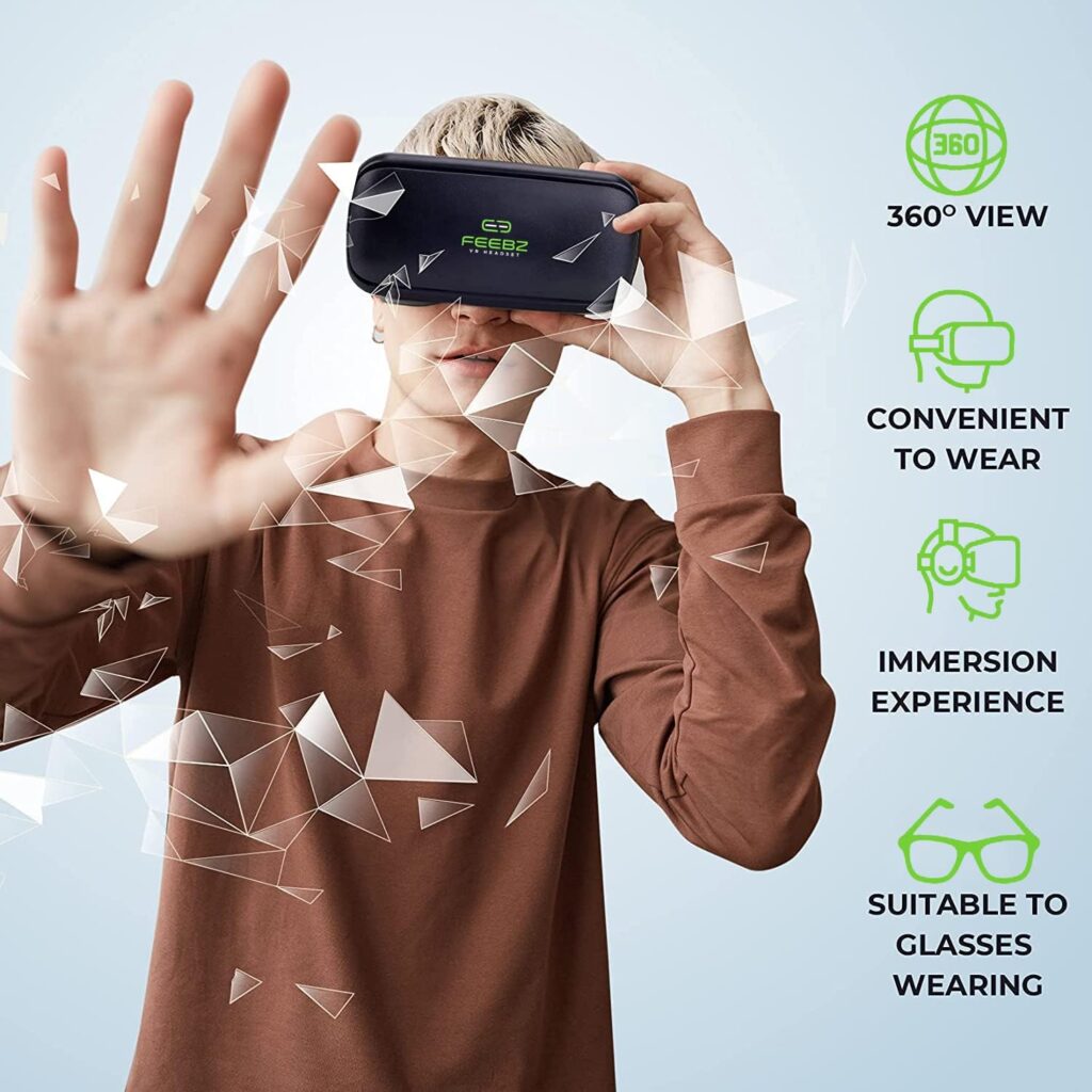 VR Headset Compatible with iPhone  Android 4.5-6.5 + Built-in Action Button for 3D VR Videos | Universal 3D Glasses Virtual Reality Goggles Set - for Kids  Adults - Green