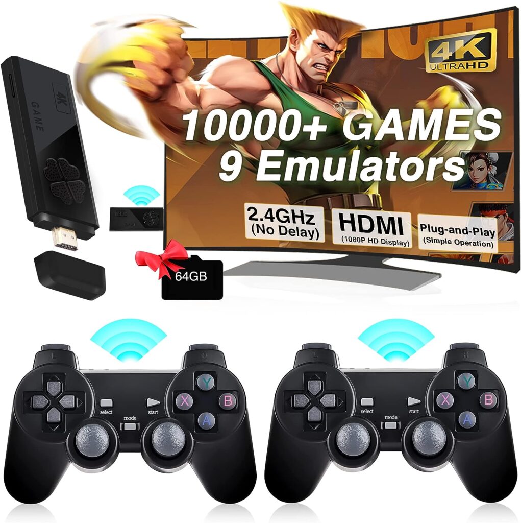 Wireless Retro Game Console, Plug and Play Nostalgia Video Game Stick 4K 10000+ Games Built-in, 9 Classic Emulators, 64G, with Dual 2.4GHz Wireless Controllers Black