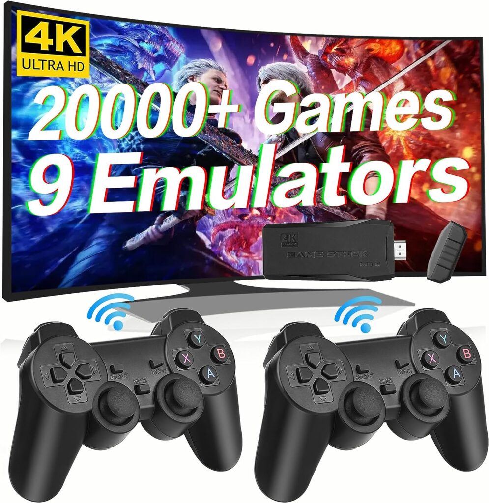 Wireless Retro Game Console, Plug  Play Video TV Game Stick with 20000+ Games Built-in, 9 Emulators, 4K HDMI Nostalgia Stick Game for TV, Dual 2.4G Wireless Controllers, 64G