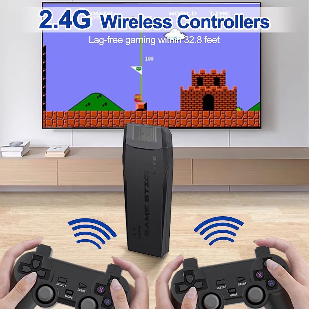 Wireless Retro Game Console, Retro Game Stick, Nostalgia Stick Game, 10,000+ Games  9 Emulators Built in, Plug and Play Video Games for Tv 4K HDMI, 2.4g Wireless Controllers (64G)