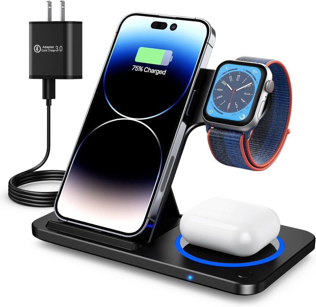 Charging Station for Multiple Devices Apple, 3 in 1 Foldable Wireless Charger Stand, Wireless Charging Station for iPhone 14/13/12/11/XS Max/XS/XR/X/8P, Airpods 3/2/pro, Apple Watch 8/7/6/5/4/3/2/SE
