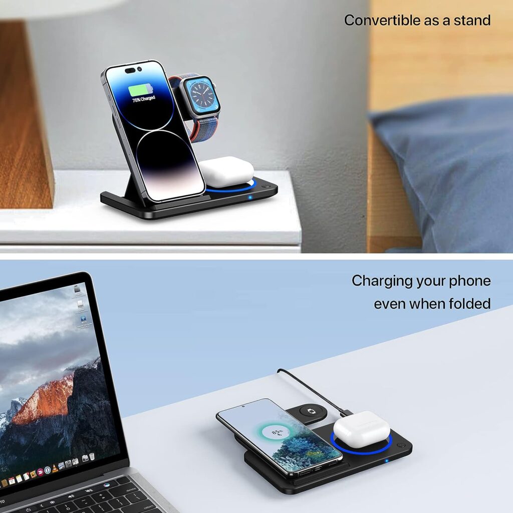Charging Station for Multiple Devices Apple, 3 in 1 Foldable Wireless Charger Stand, Wireless Charging Station for iPhone 14/13/12/11/XS Max/XS/XR/X/8P, Airpods 3/2/pro, Apple Watch 8/7/6/5/4/3/2/SE