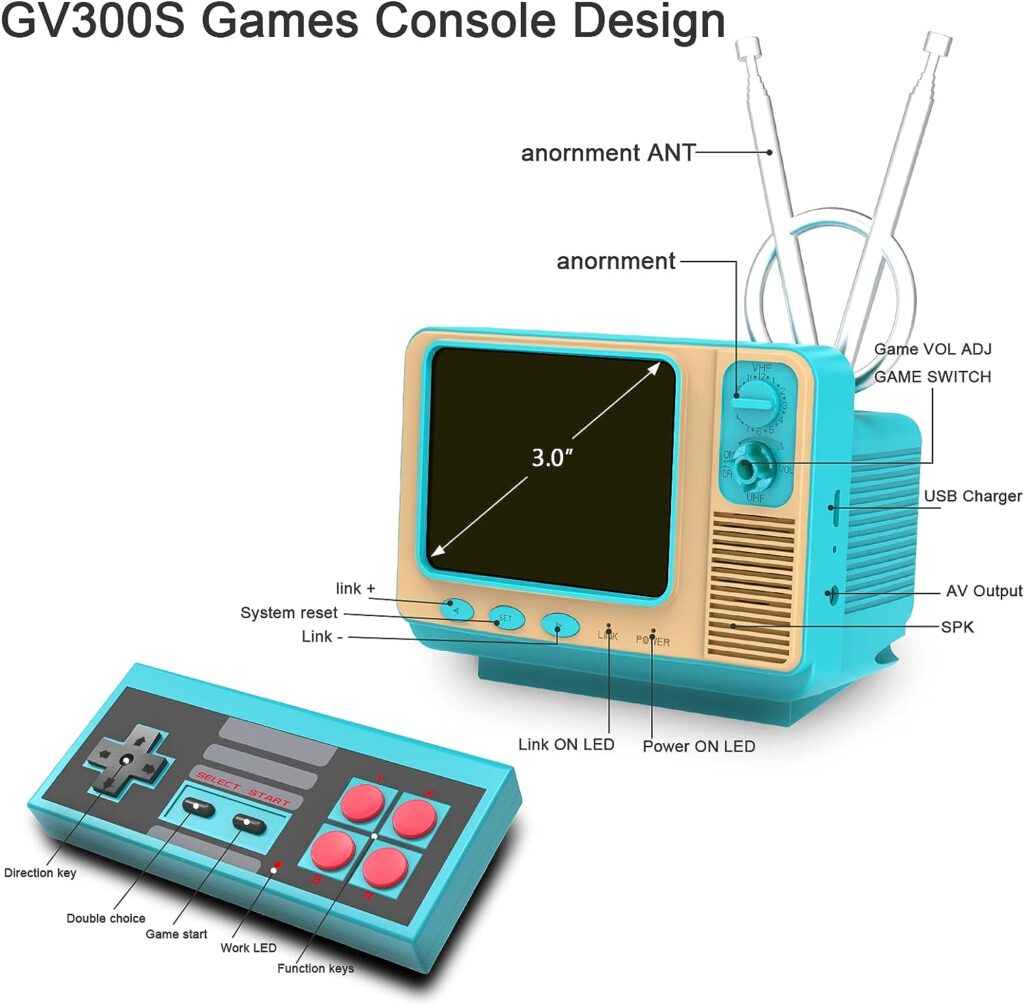 E-MODS GAMING Retro Games Console GV300S Mini TV Style 308 Video Games Player with Handheld Gamepad  AV Output - 3.0 Inch Screen Electronic Games Machine Xmas Gift for Kids Adults (Turquoise)