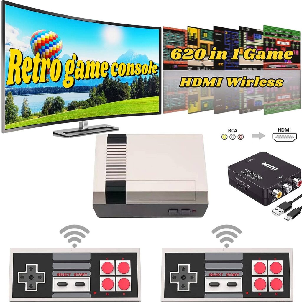Retro Game Console with 620 Video Games,Classic Mini Game System with Wireless Controller, HDMI HD and AV Output Plug and Play Game Console,Retro Toys Gifts Choice.