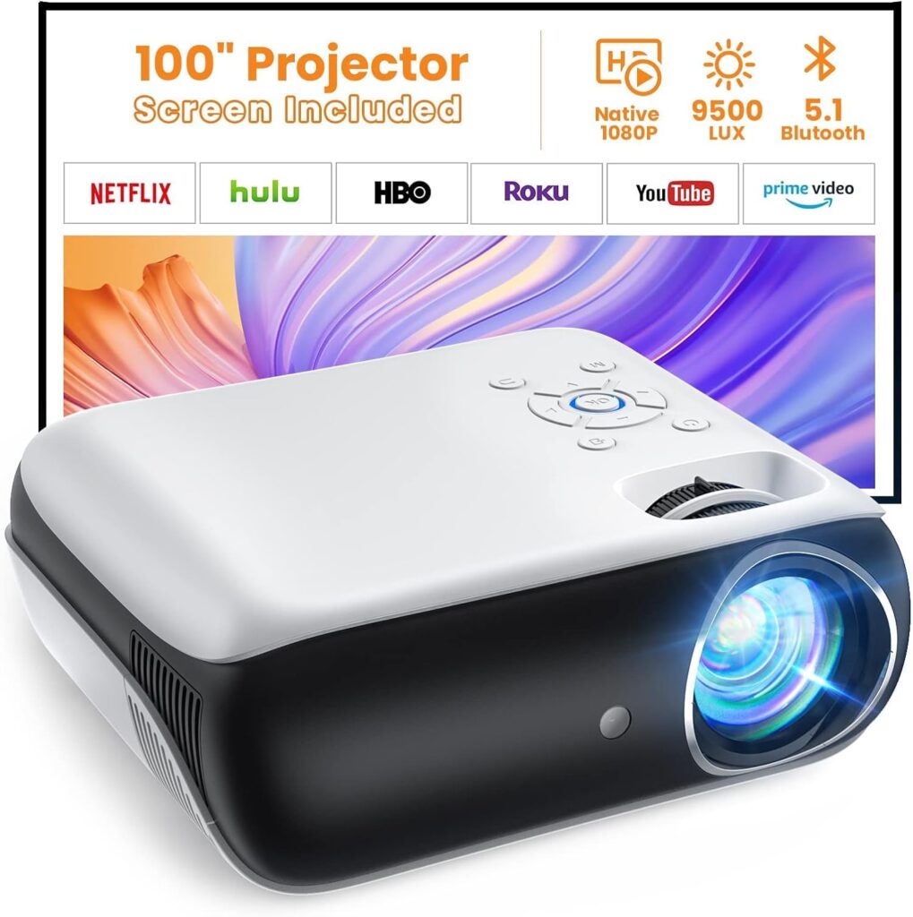 HAPPRUN Projector, Native 1080P Bluetooth Projector with 100Screen, 9500L Portable Outdoor Movie Projector Compatible with Smartphone, HDMI,USB,AV,Fire Stick, PS5
