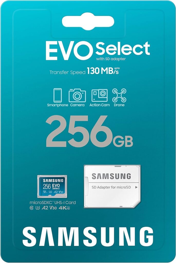 SAMSUNG EVO Select Micro SD-Memory-Card + Adapter, 256GB microSDXC 130MB/s Full HD  4K UHD, UHS-I, U3, A2, V30, Expanded Storage for Android Smartphones, Tablets, Nintendo-Switch (MB-ME256KA/AM) : Electronics