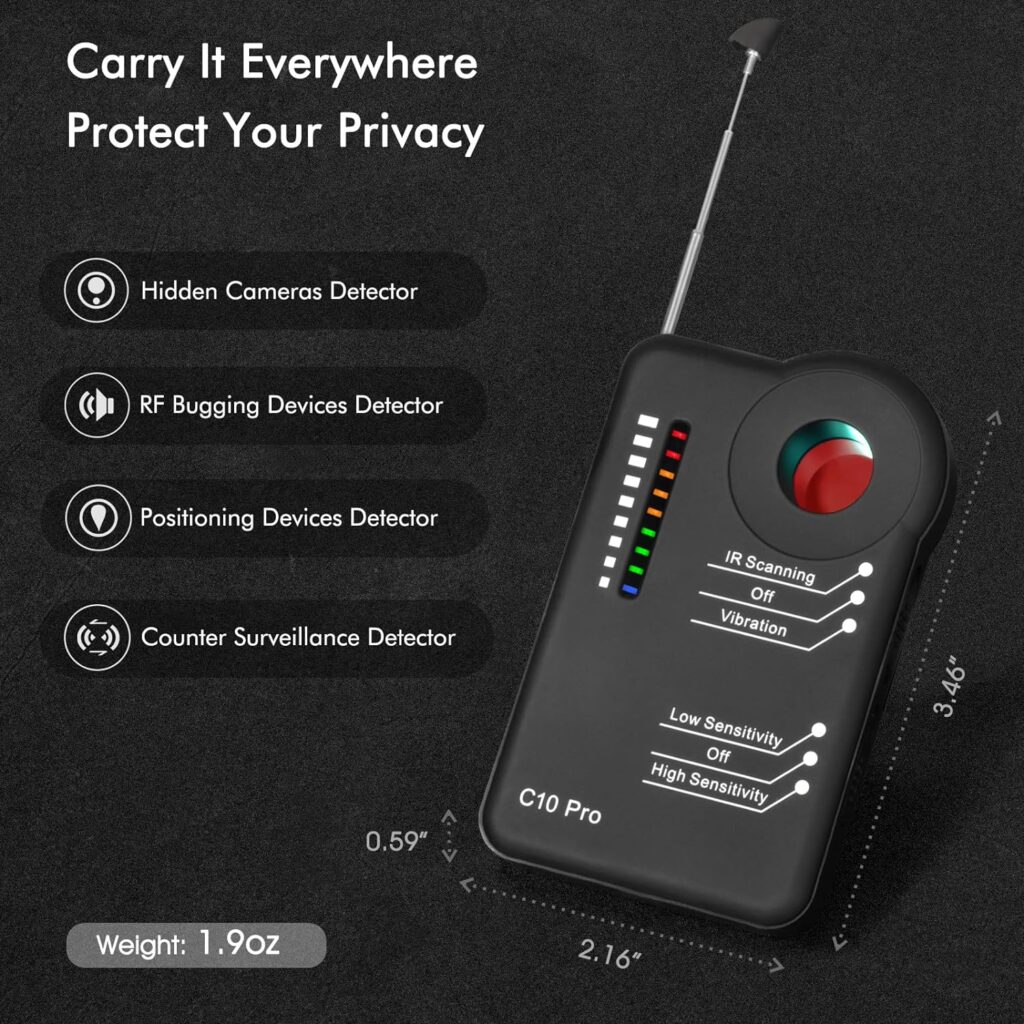 Camera Detector C10 Pro – Professional Bug RF Detector Hidden Camera Finder Anti Spy Sweeper GPS Tracker Listening Device Cell Phone Scanner Indoor Outdoor for Home Office Car Travel Hotel Airbnb